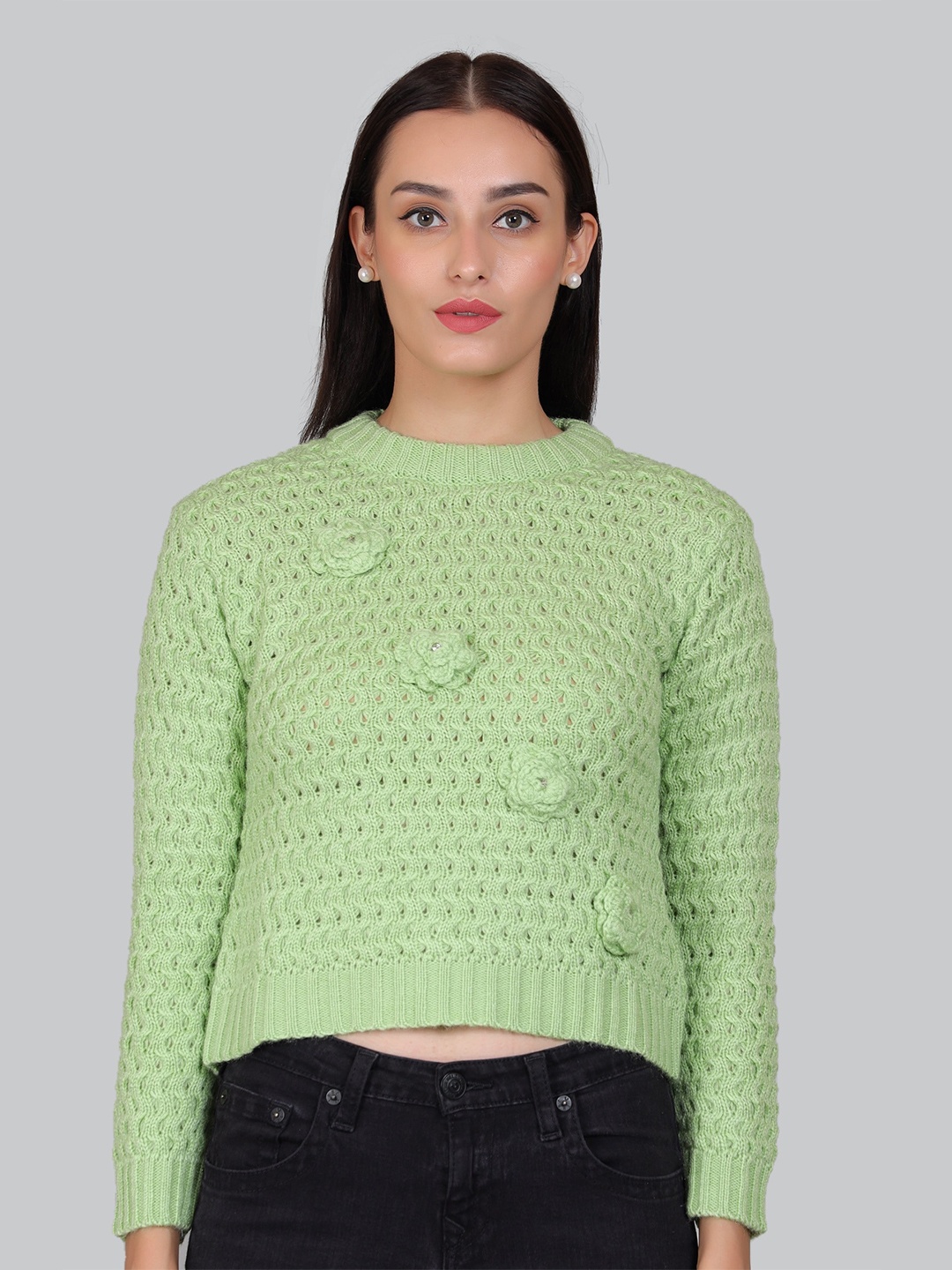 

Arshiya Self Design Knits Acrylic Crop Regular Top, Green