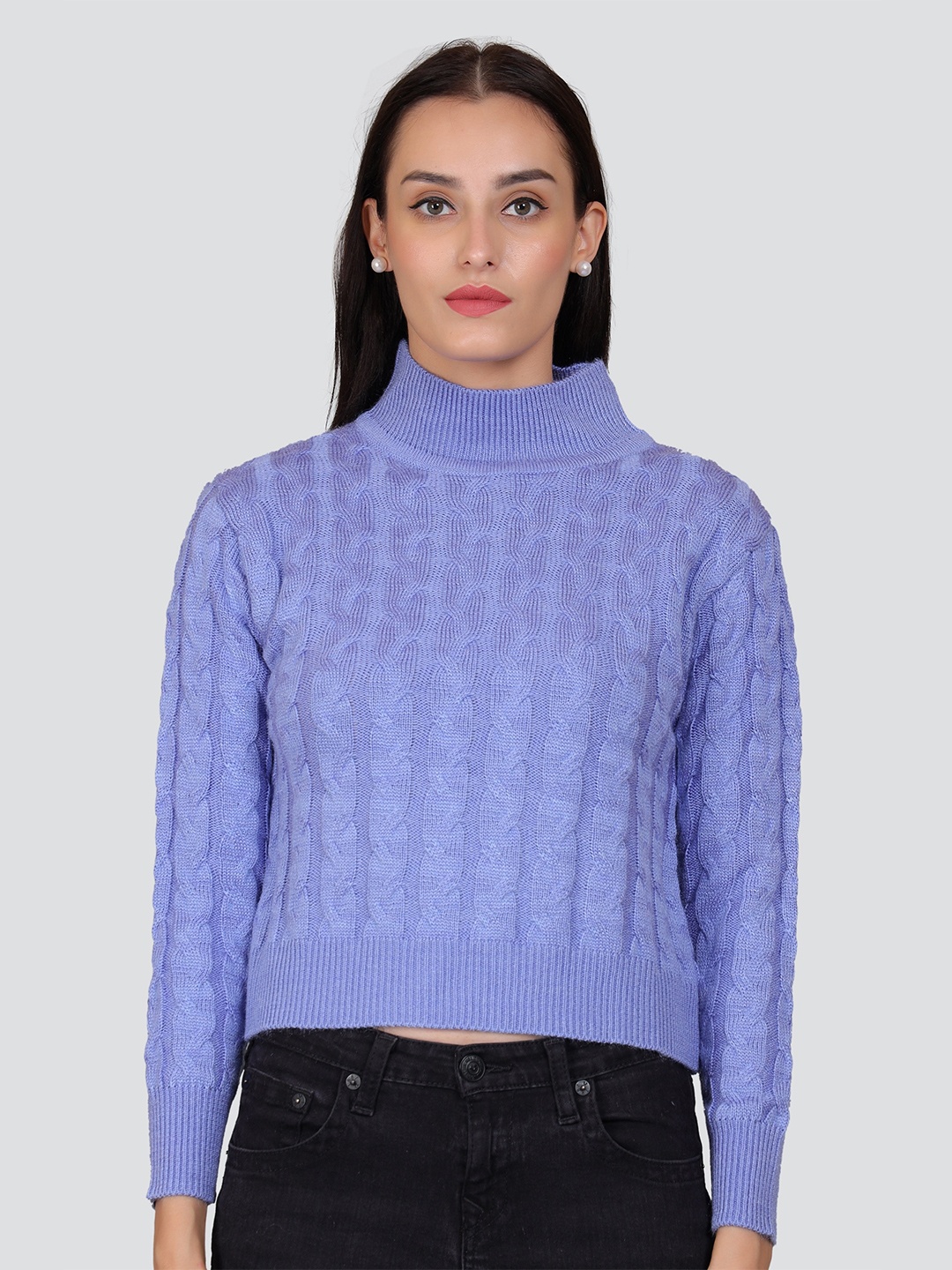 

Arshiya Cable Knit Mock Collar Long Sleeve Acrylic Crop Pullover Sweater, Blue