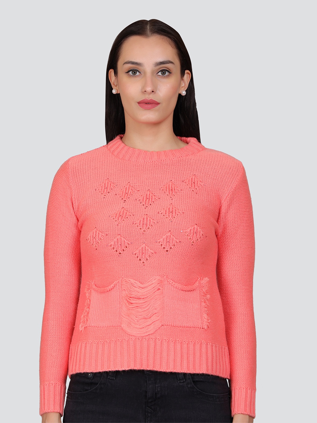

Arshiya Self Design Knits Acrylic Crop Regular Top, Peach