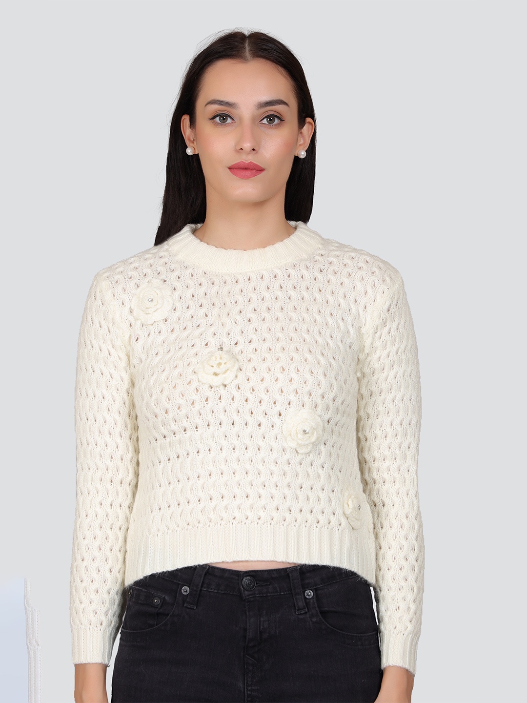 

Arshiya Open Knit Self Design Acrylic Pullover Sweater, White