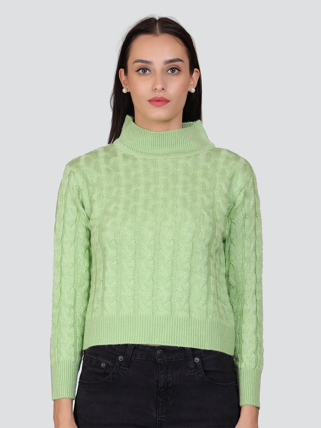 

Arshiya Cable Knit Self Design Crop Acrylic Pullover Sweater, Green