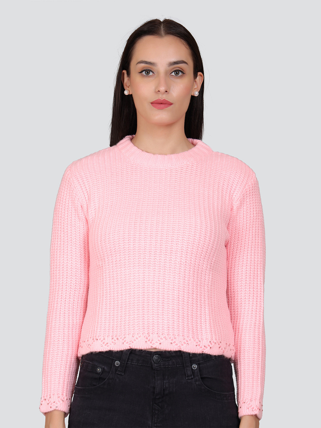 

Arshiya Self Design Knits Acrylic Crop Regular Top, Pink