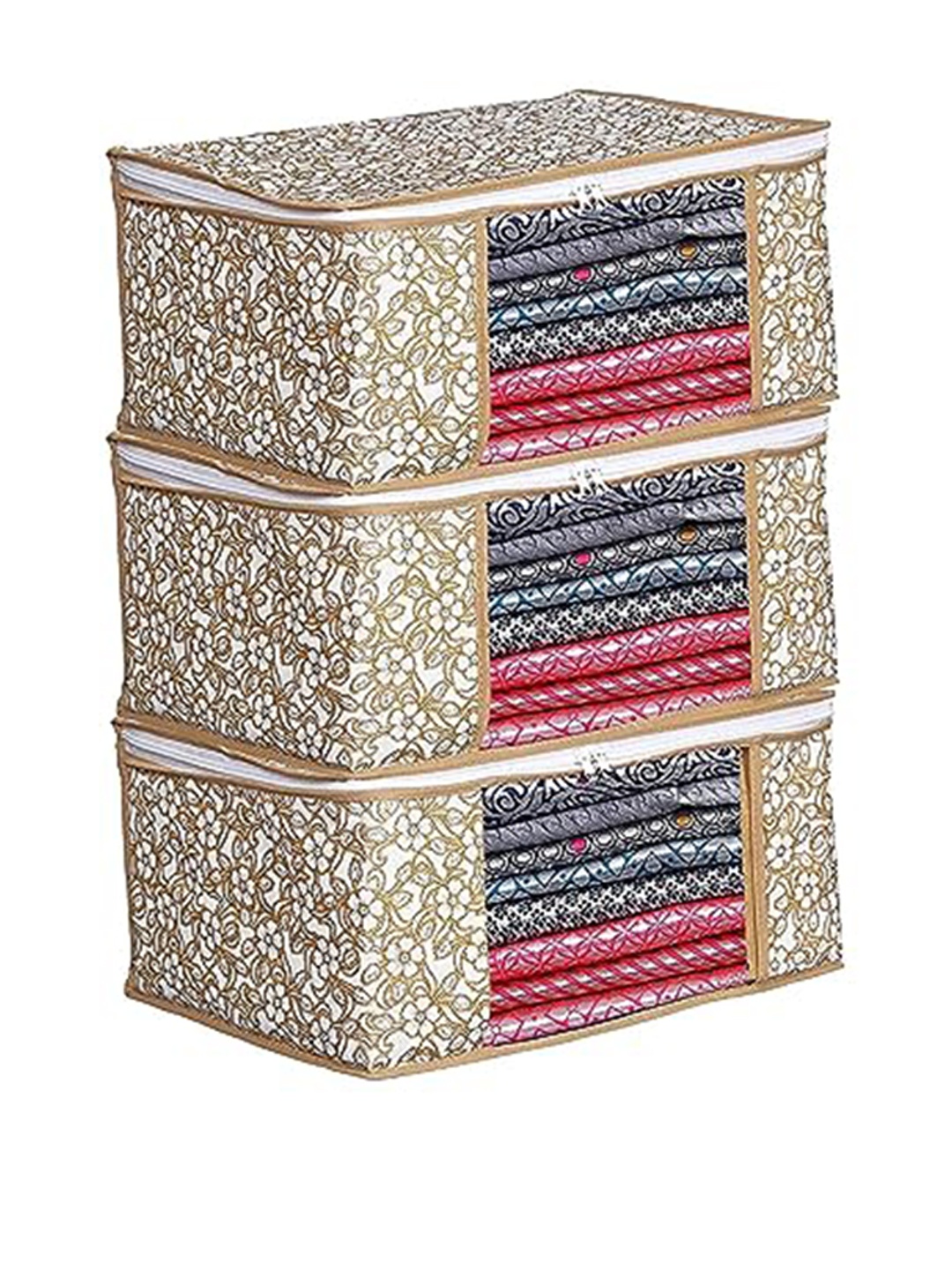 

Perpetual Beige & White 3 Pieces Saree Organisers with Transparent Window And Zip