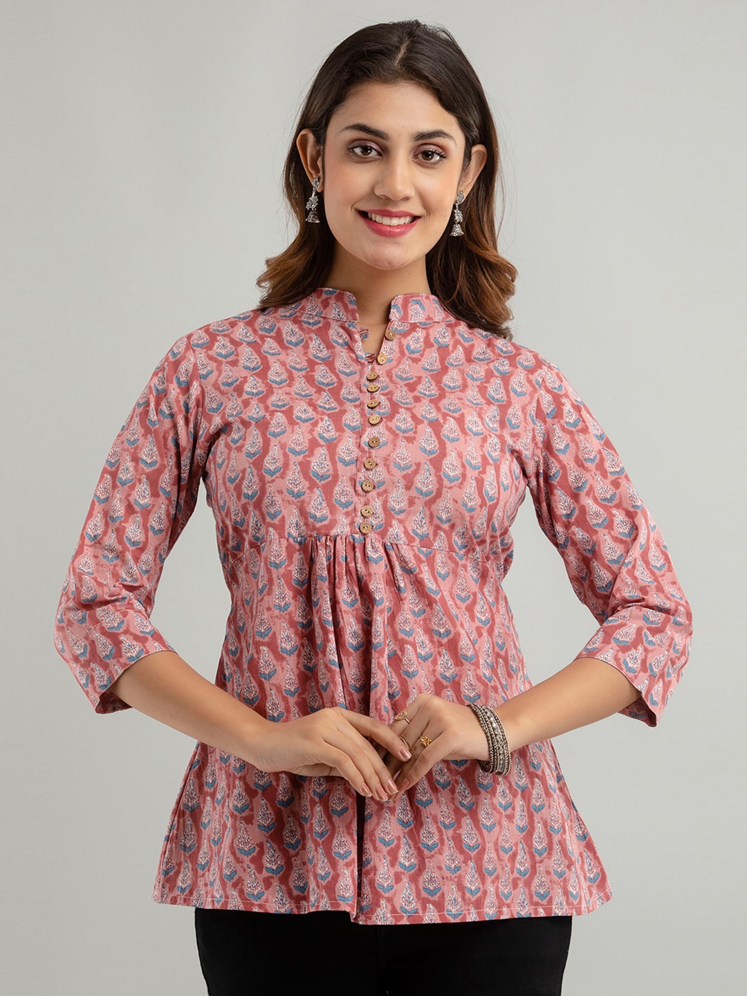 

FERANOID Floral Printed Pure Cotton Pleated A-Line Kurti, Mauve