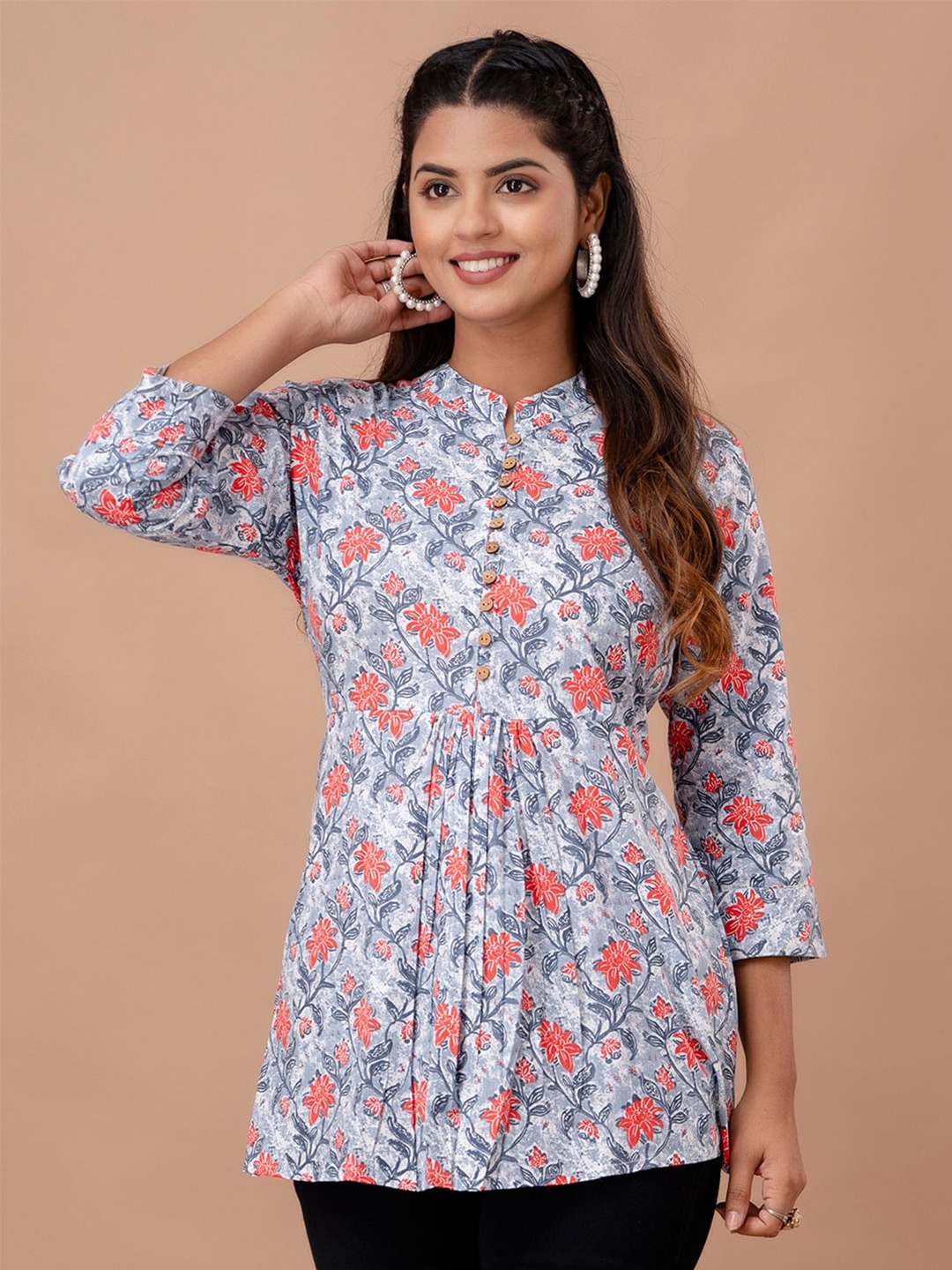 

FERANOID Floral Printed Pure Cotton Pleated A-Line Kurti, Grey