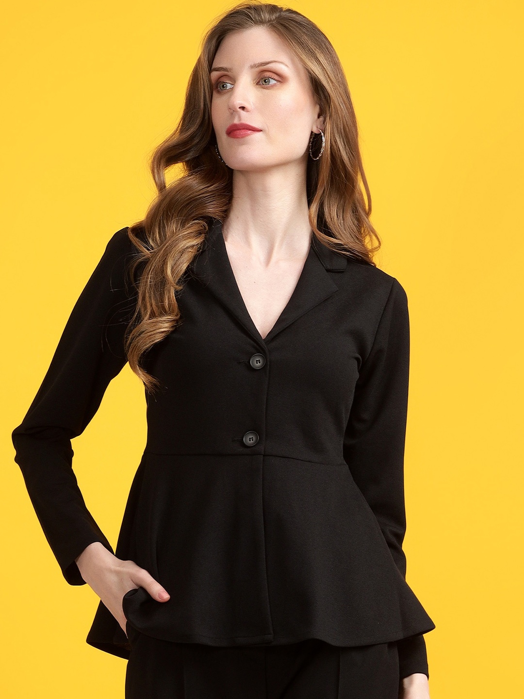 

Golden Kite Lapel Collar Peplum Top, Black