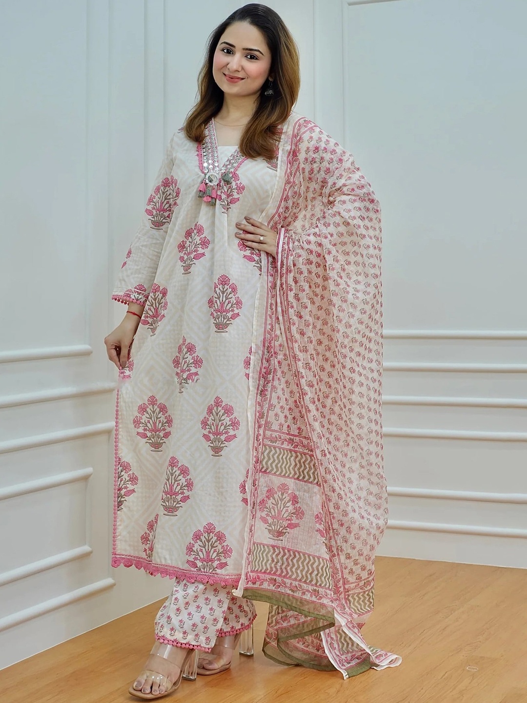 

KALINI Floral Printed Square Neck Mirror Work Kurta with Trousers & Dupatta, Pink