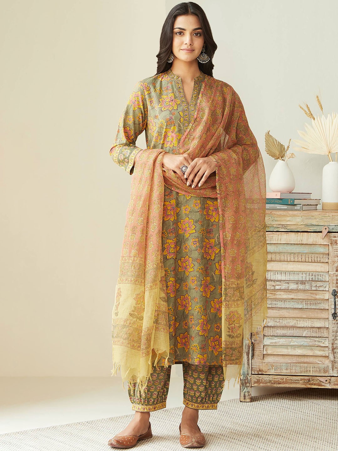 

KALINI Floral Printed Pure Cotton Kurta with Salwar & With Dupatta, Olive