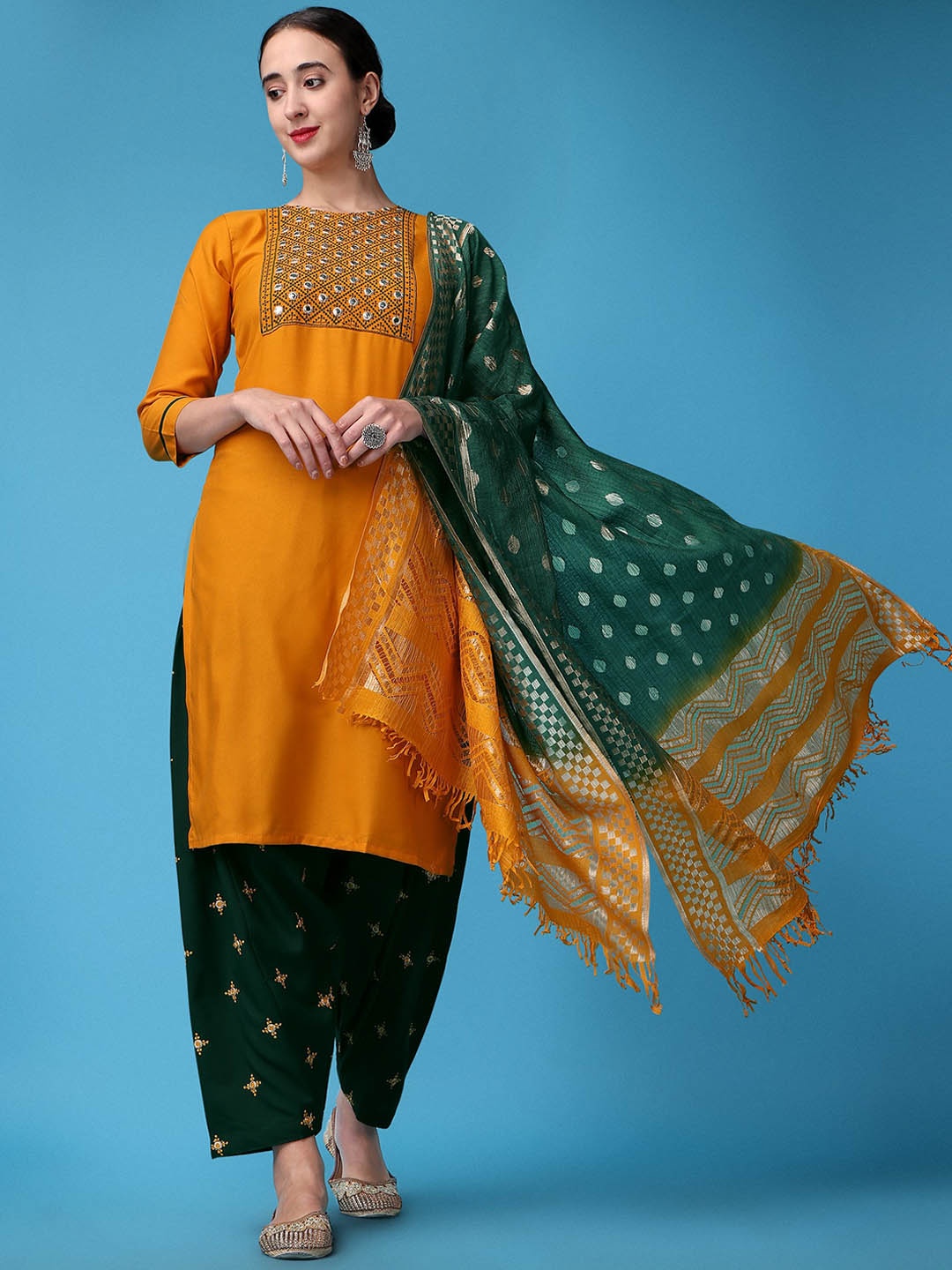 

KALINI Ethnic Motifs Yoke Design Mirror Work Kurta with Patiala & With Dupatta, Yellow