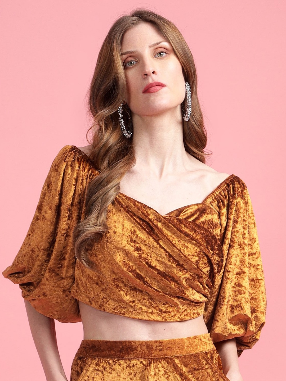 

Golden Kite Sweetheart Neck Puff Sleeves Wrap Crop Top, Mustard