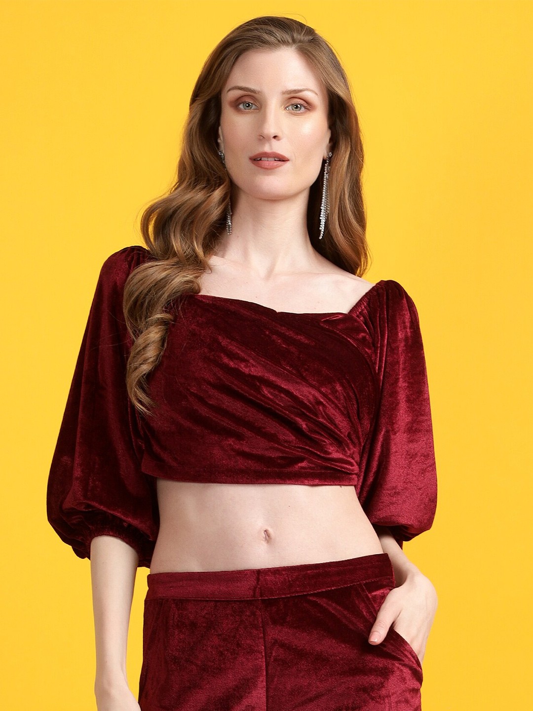 

Golden Kite Square Neck Puff Sleeves Gathered Detail Velvet Crop Top, Maroon