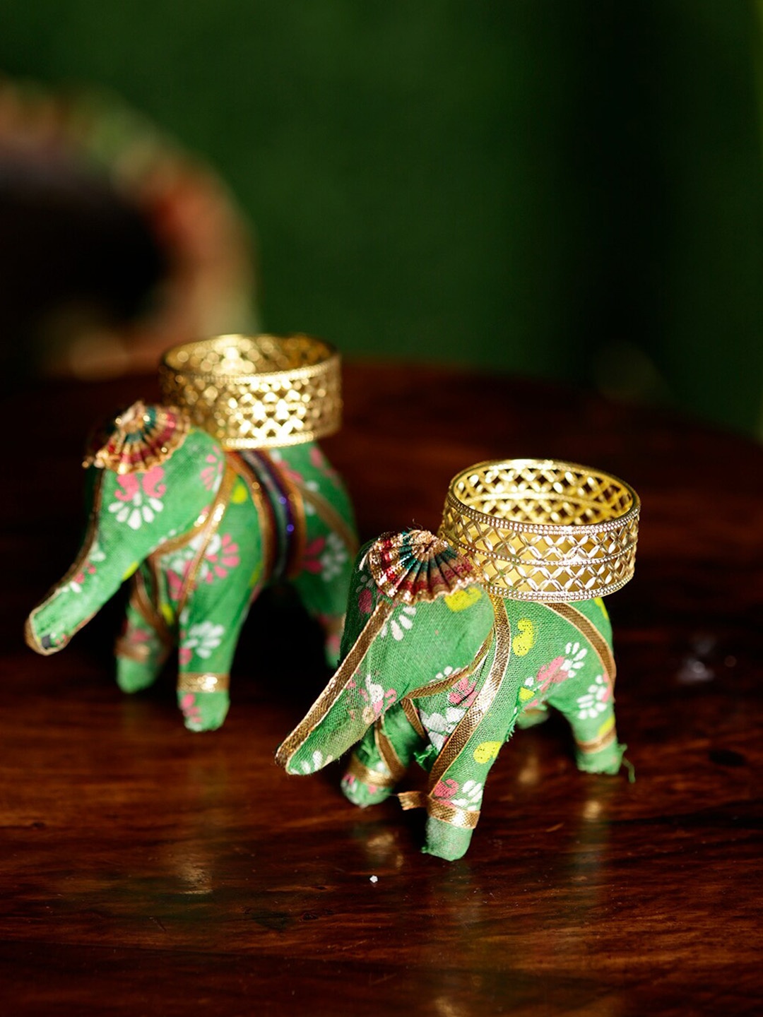

PASSION PETALS Green & Gold Toned 2 Pieces Elephant Tea Light Holders
