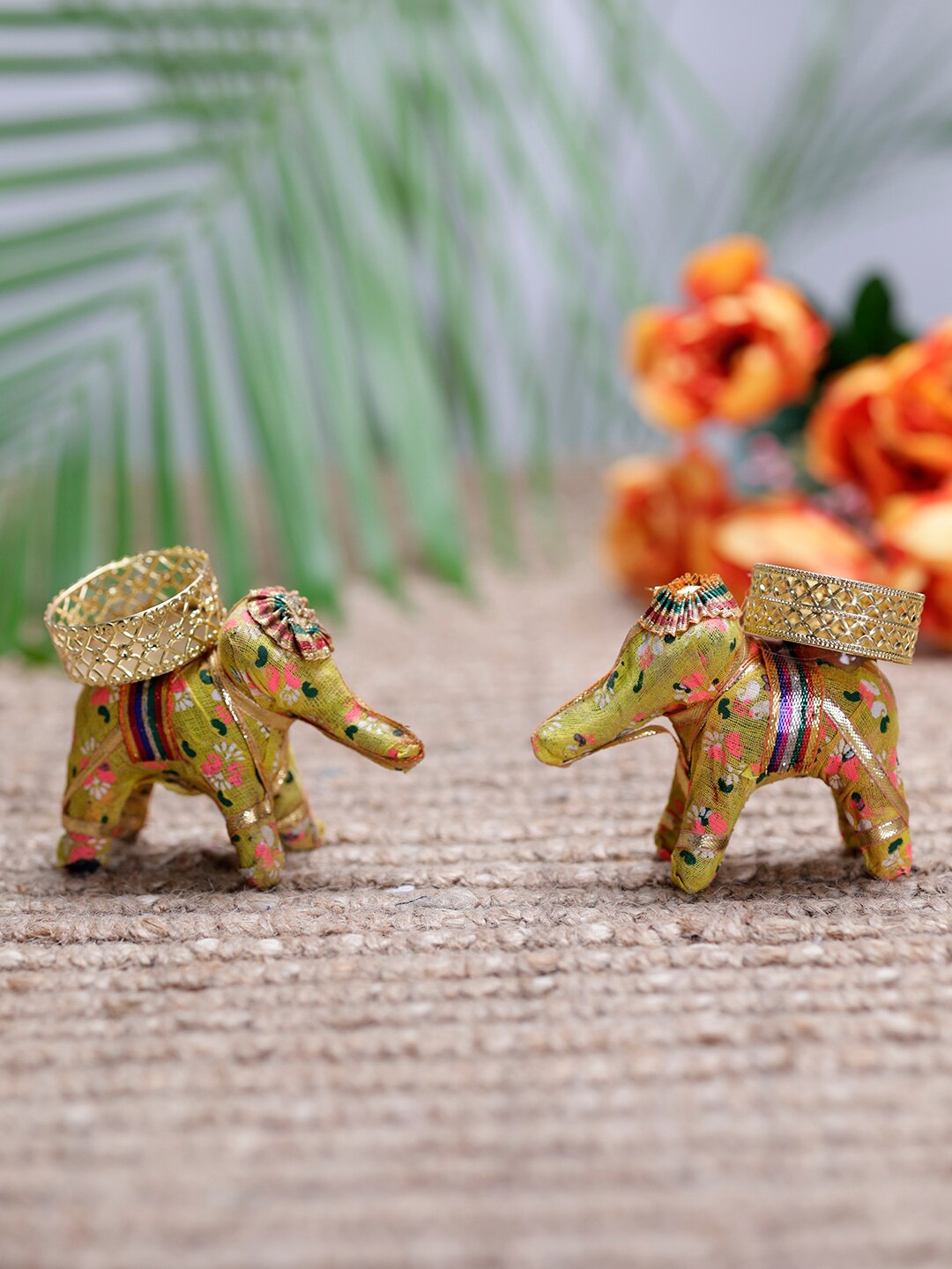 

PASSION PETALS Yellow & Gold Toned 2 Pieces Elephant Tea Light Holders