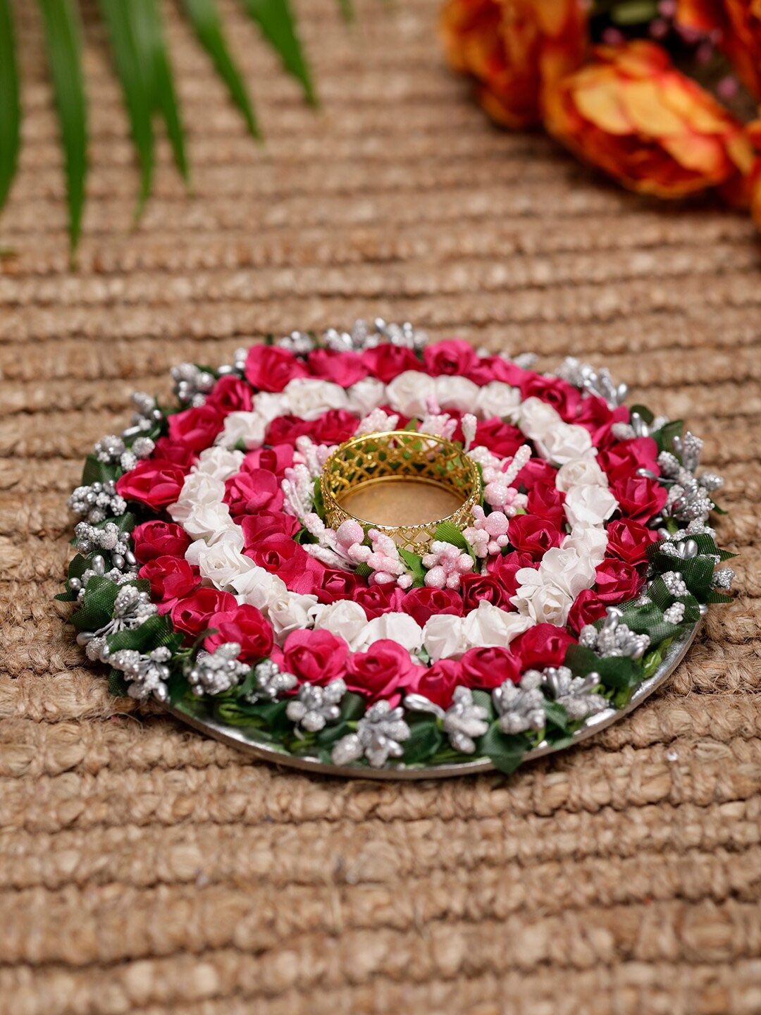 

PASSION PETALS Red & Gold Toned Floral Tea Light Holders With Rangoli