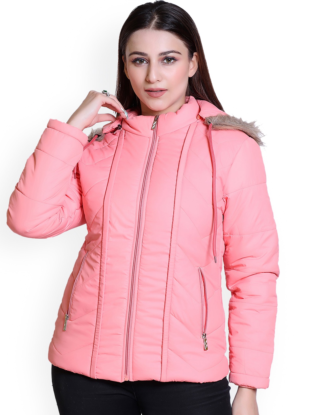 

Brazo Hooded Long Sleeves Faux Fur Trim Lightweight Puffer Jacket, Pink