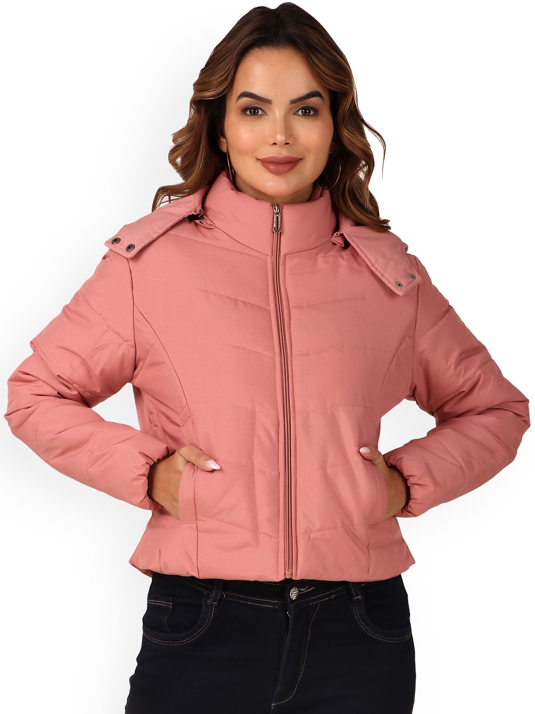 

Brazo Hooded Long Sleeves Lightweight Puffer Jacket, Pink