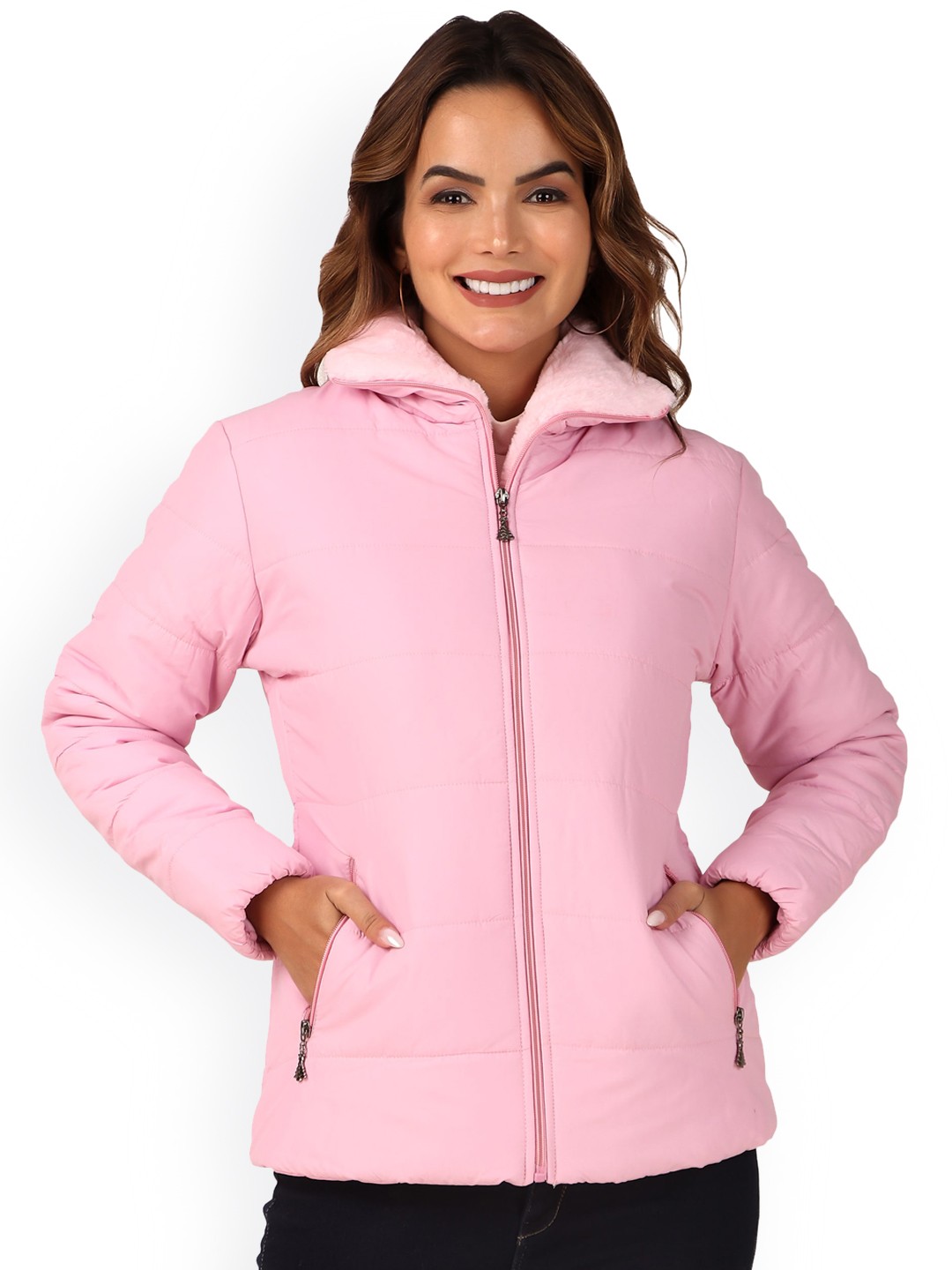

Brazo Mock Collar Long Sleeves Lightweight Faux Fur Trim Padded Jacket, Pink