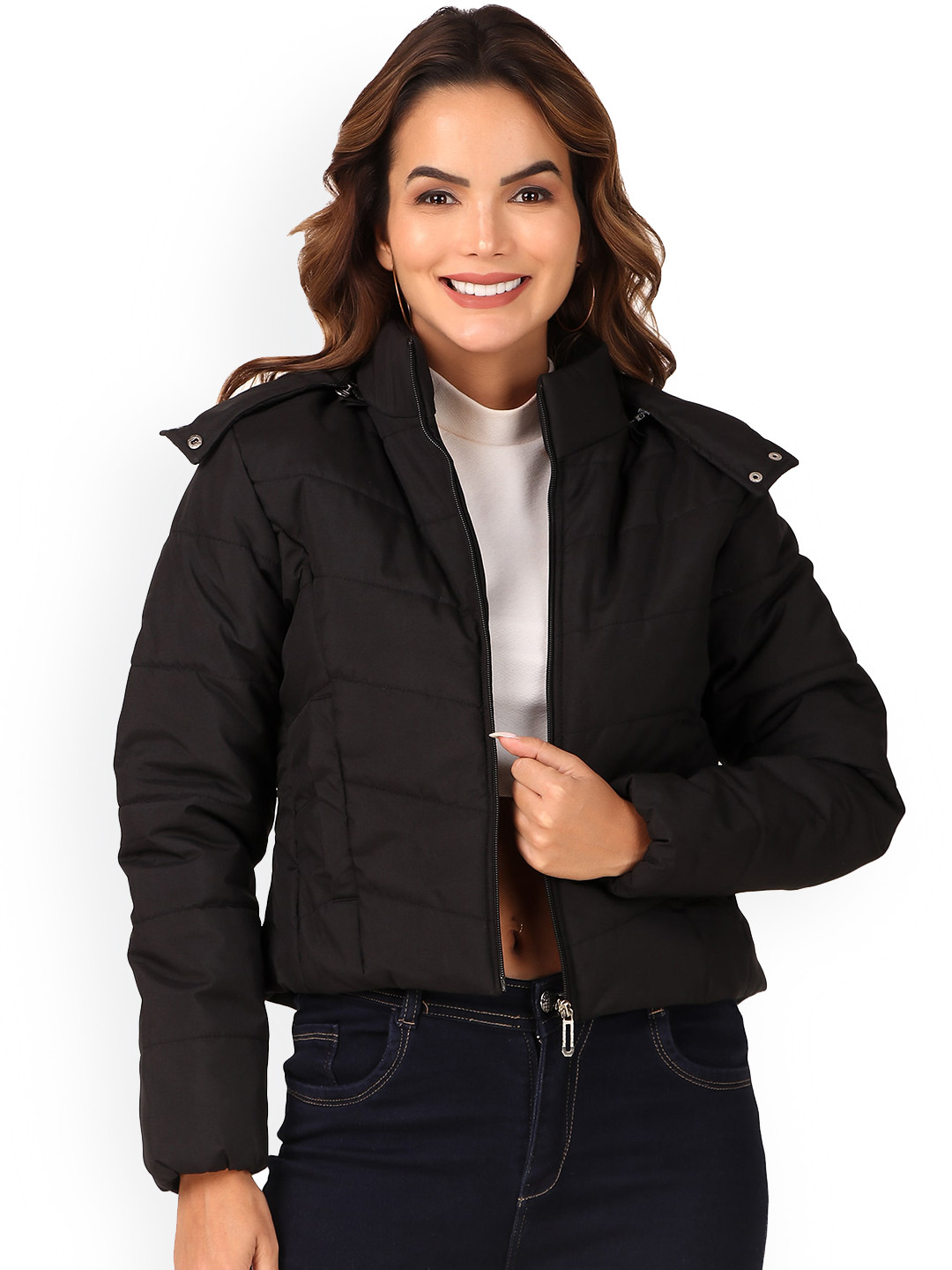 

Brazo Hooded Long Sleeves Lightweight Puffer Jacket, Black