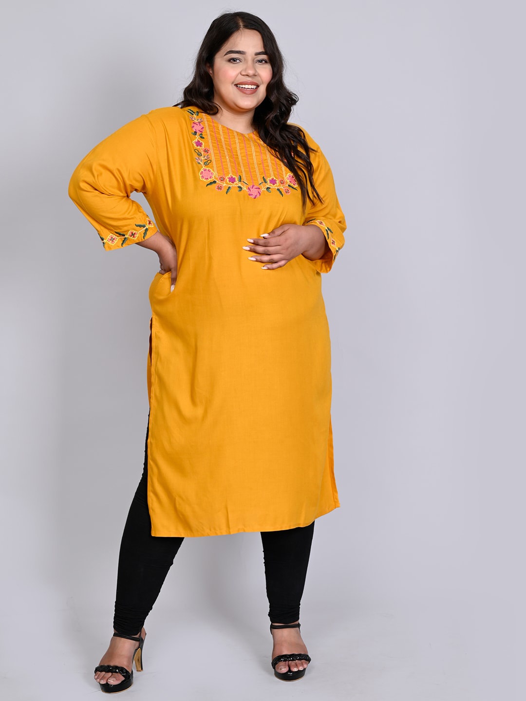 

KALINI Embroidered Cotton Kurta, Yellow