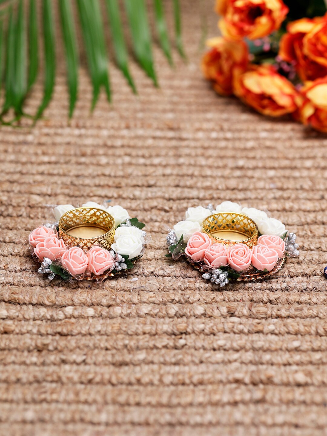 

PASSION PETALS Pink & White 2 Pieces Floral-Pattern Tea Light Holderss