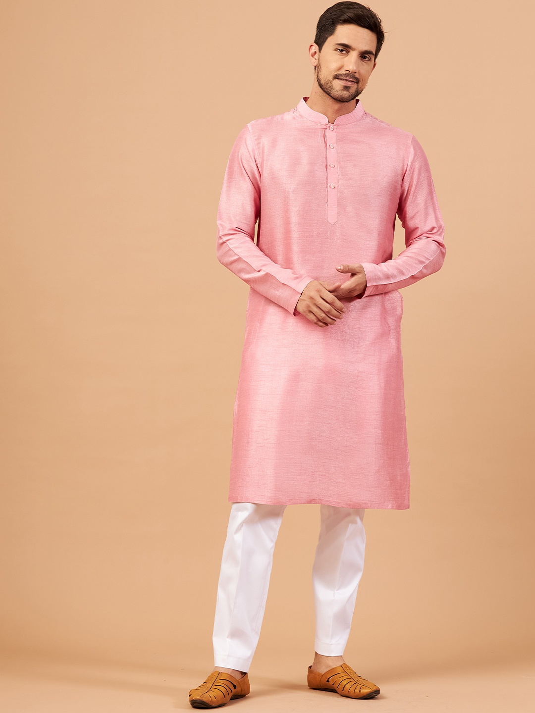 

HILO DESIGN Mandarin Collar Silk Straight Kurta, Pink