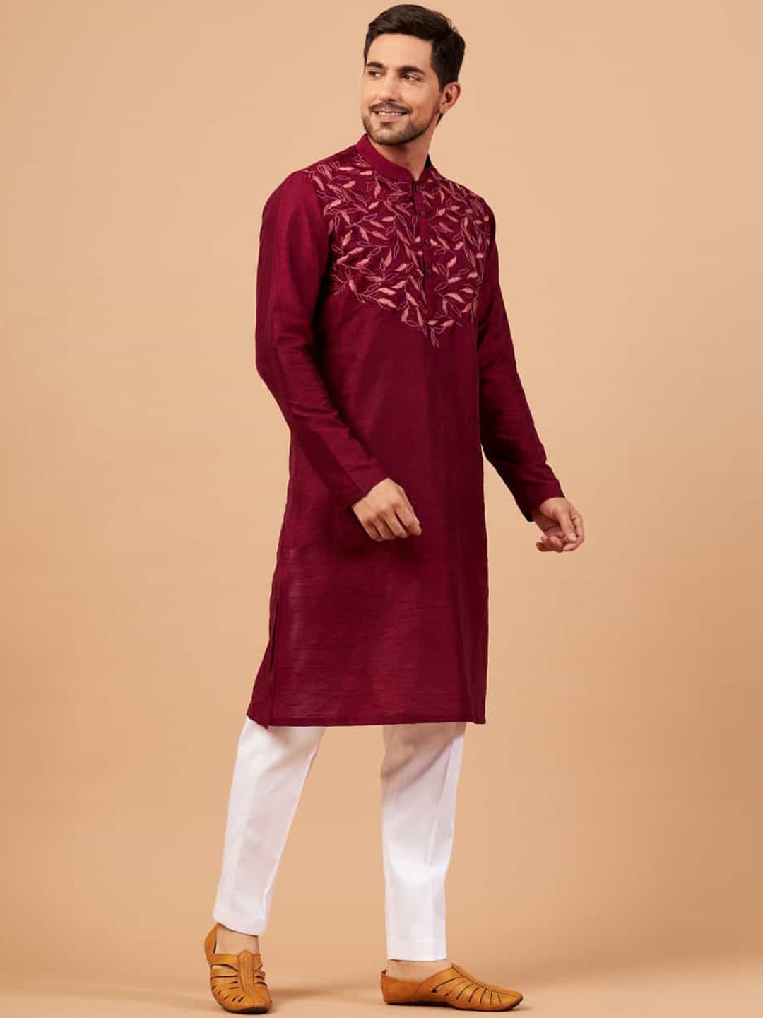 

HILO DESIGN Floral Yoke Design Thread Work Silk Kurta, Maroon