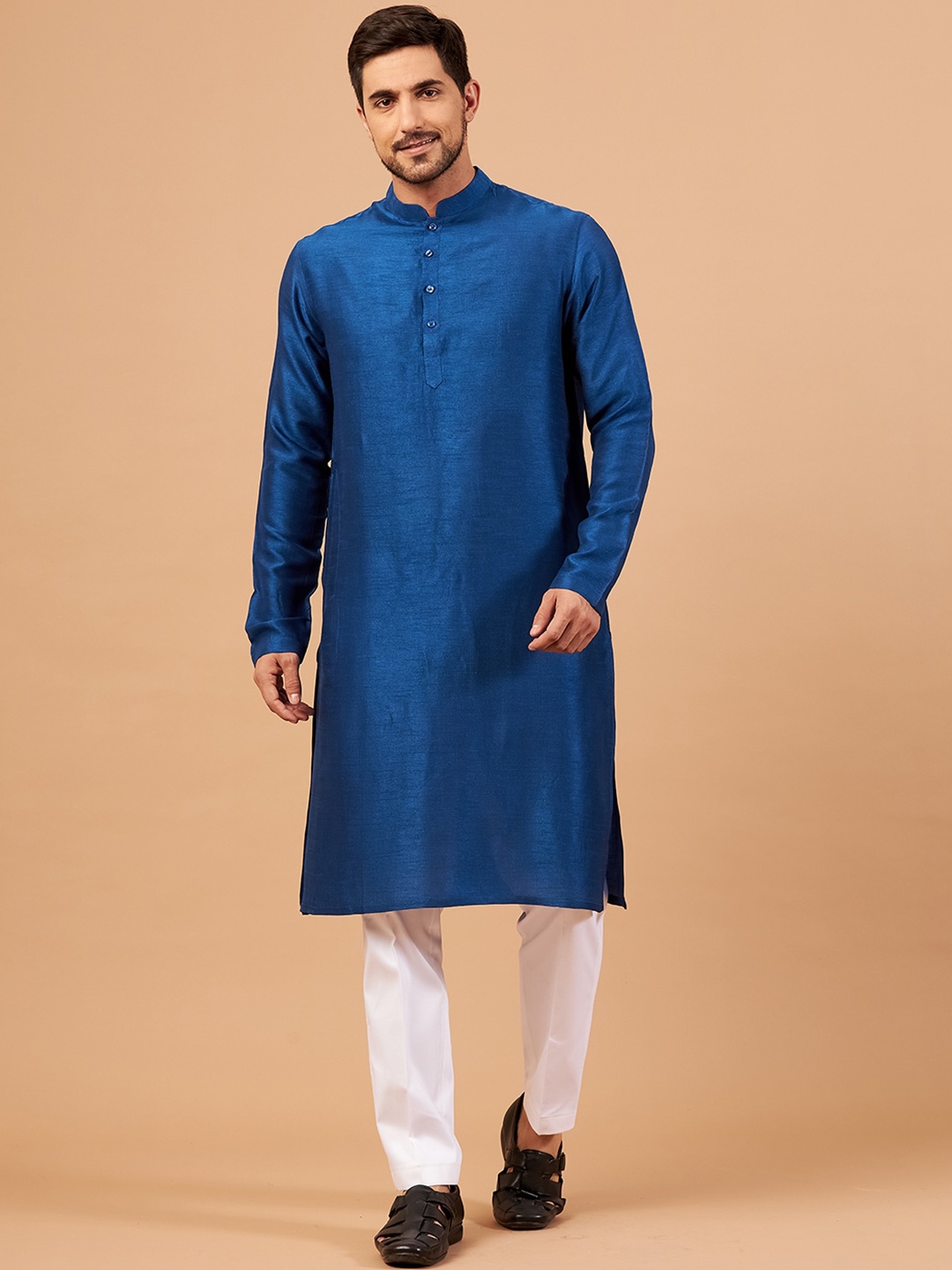 

HILO DESIGN Mandarin Collar Silk Straight Kurta, Blue