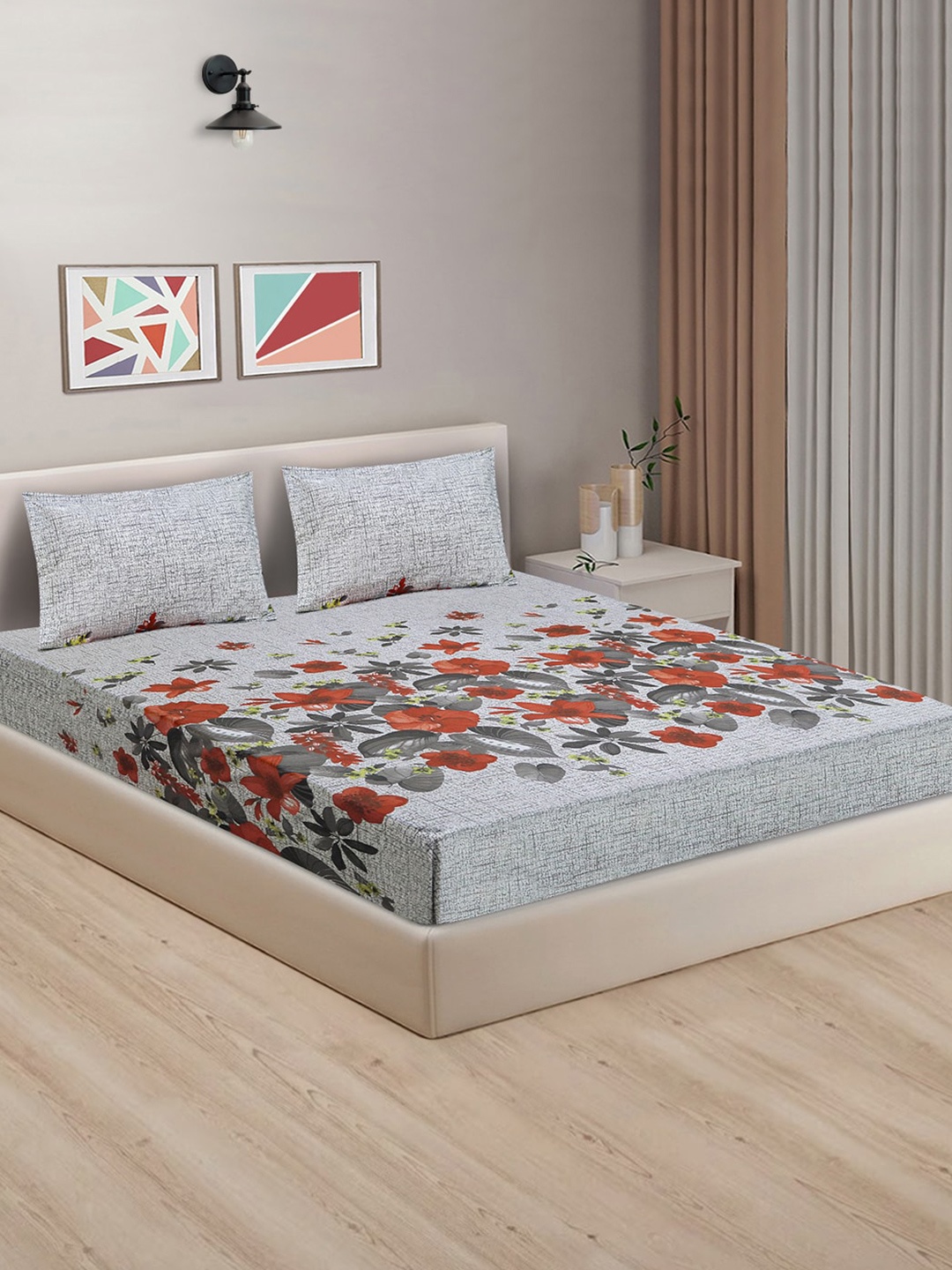 

Good Homes by Home Candy Grey & Red Floral Cotton 144 TC King Bedsheet & 2 Pillow Covers