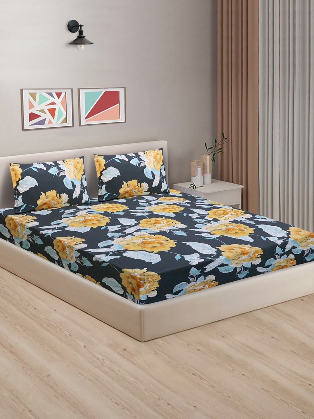 

Good Homes by Home Candy Blue Floral Cotton 144 TC King Bedsheet & 2 Pillow Covers