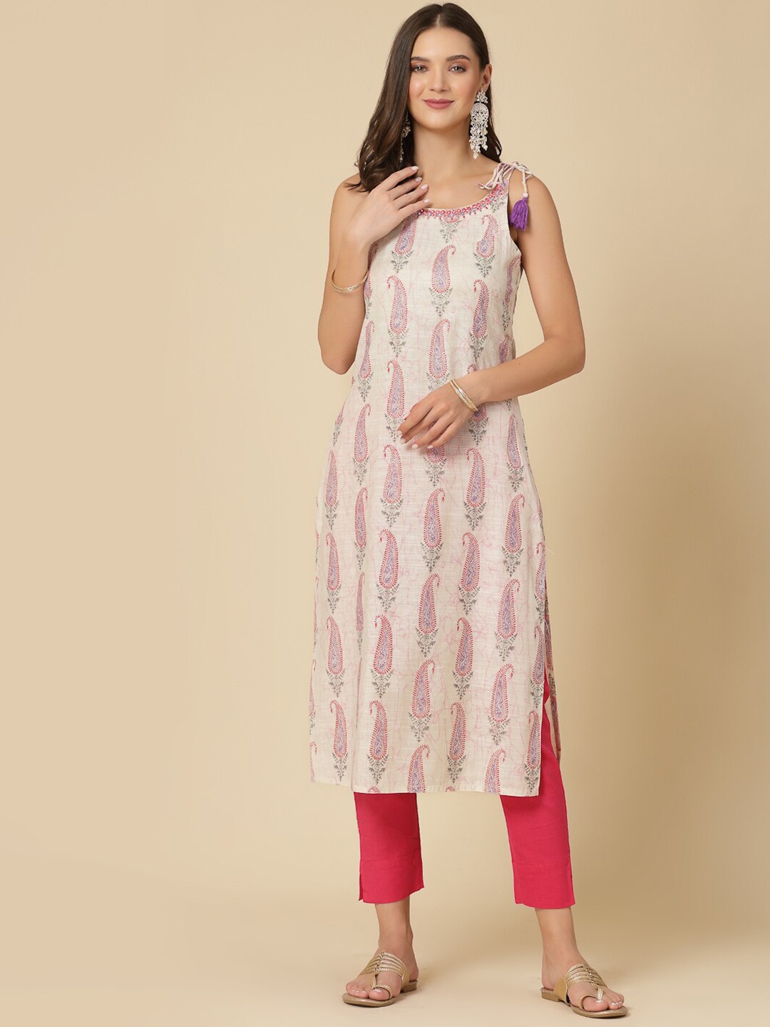 

Ramas Paisley Printed Mirror Work Cotton Kurta, Off white