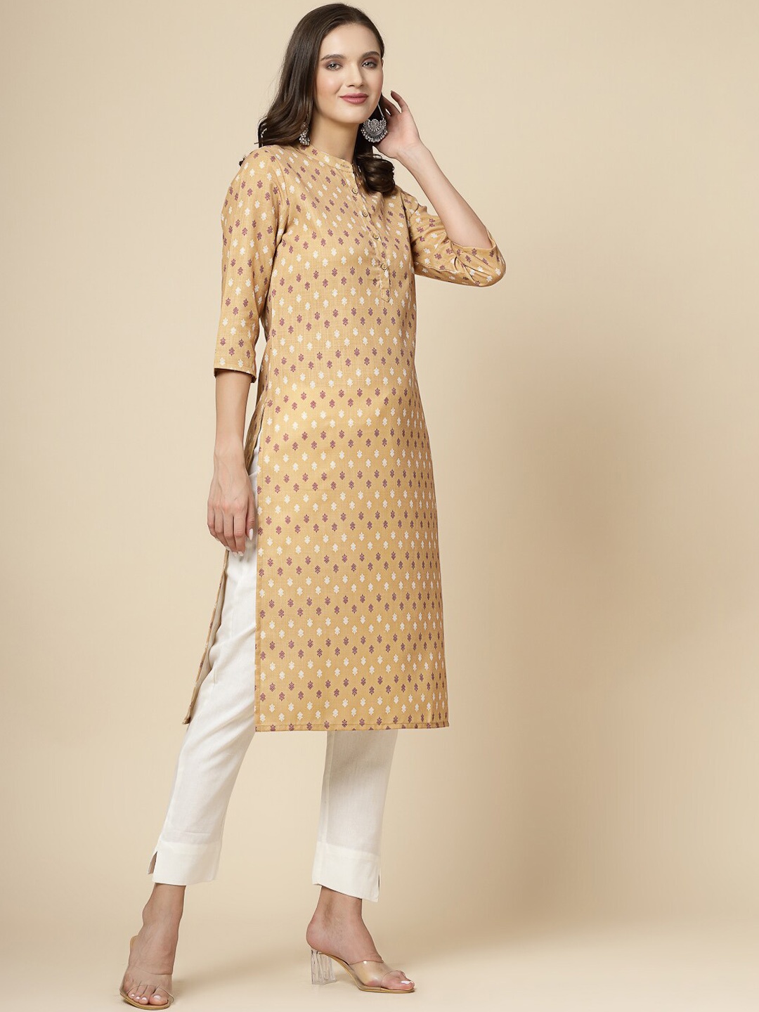

Ramas Ethnic Motifs Printed Band Collar Straight Kurta, Beige