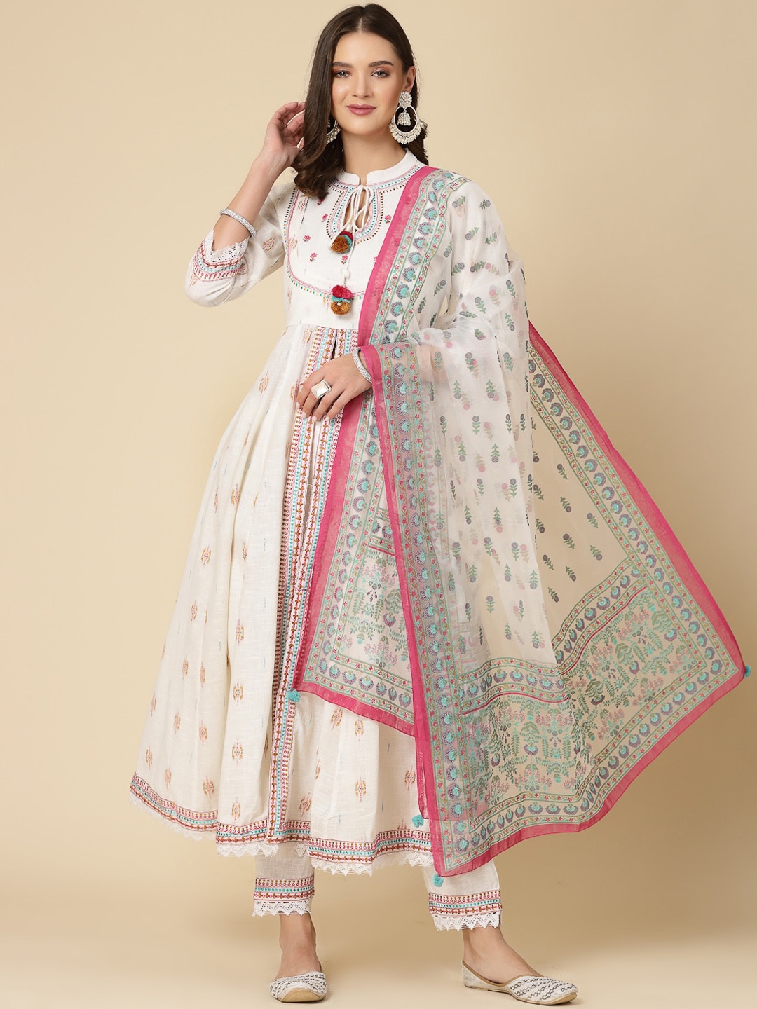 

Ramas Ethnic Motifs Printed Thread Work Pure Cotton Anarkali Kurta With Trousers & Dupatta, White