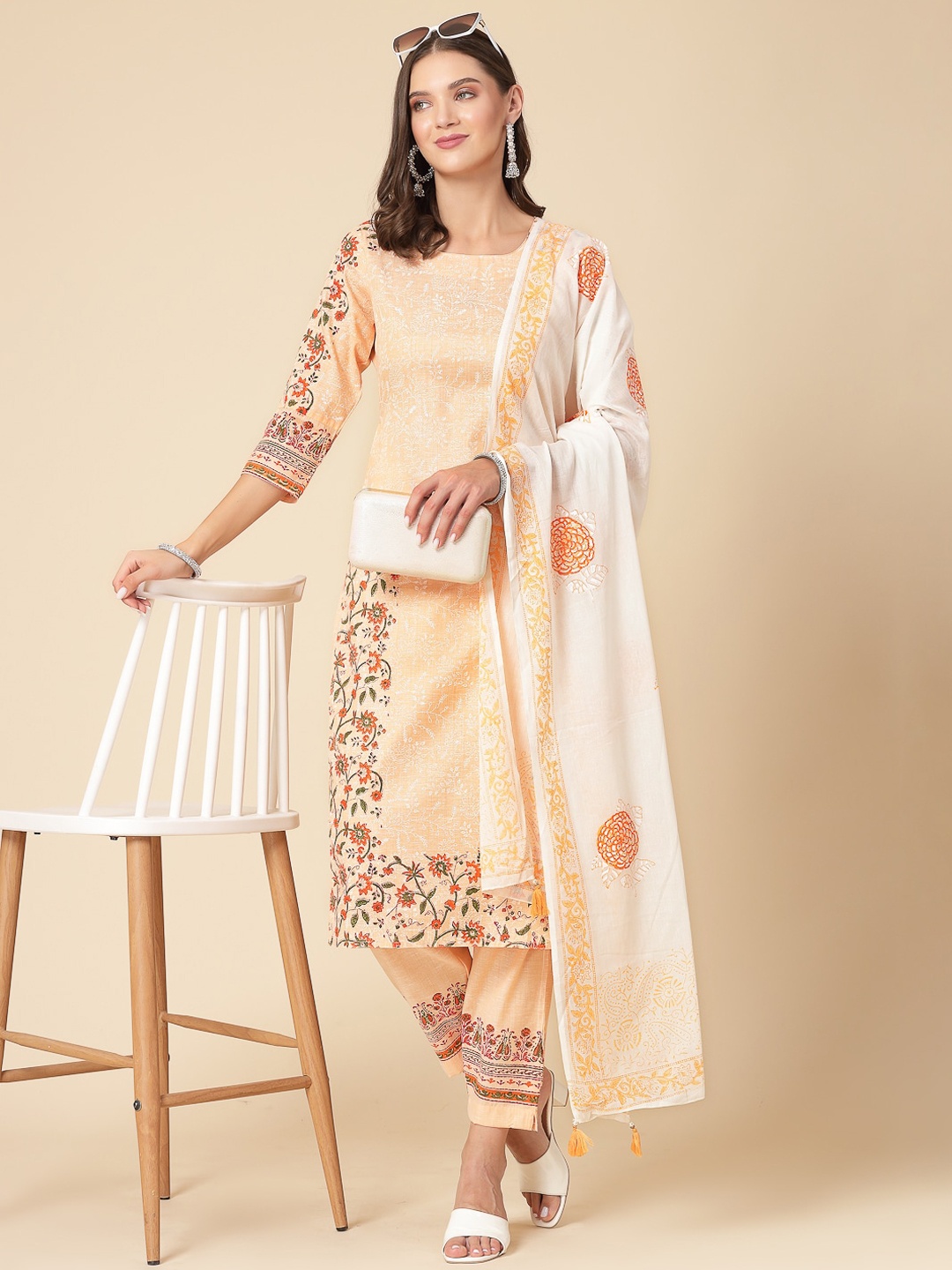 

Ramas Floral Printed Pure Cotton Kurta With Trousers & Dupatta, Orange