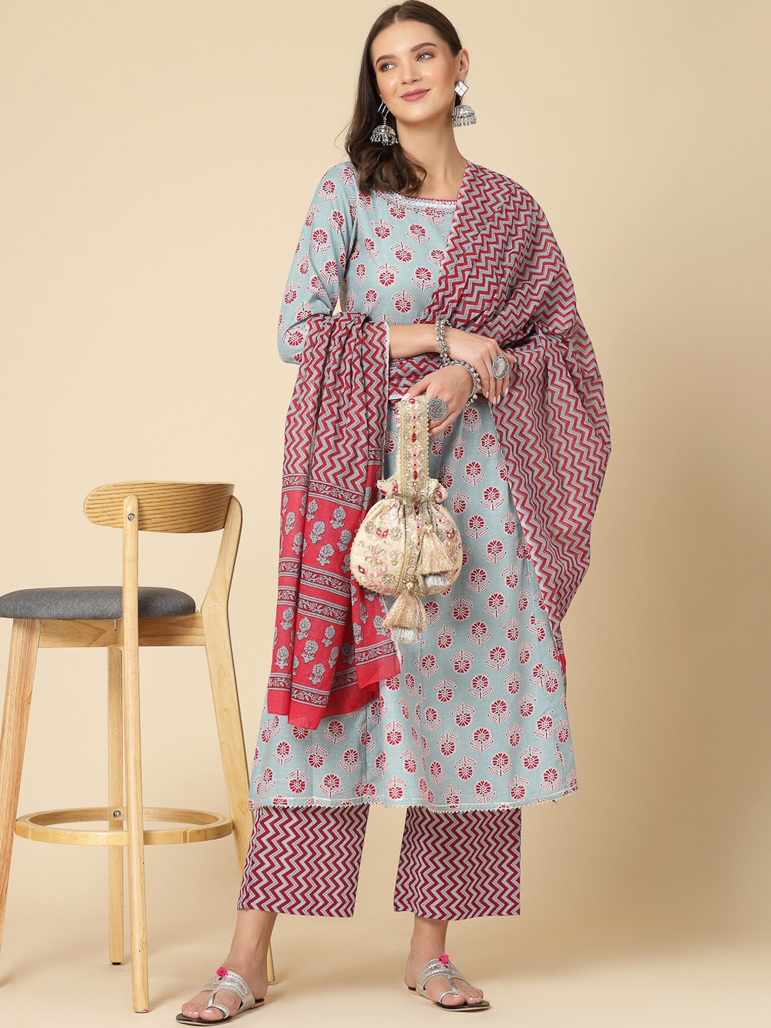 

Ramas Floral Printed Pure Cotton A-line Kurta With Palazzos & Dupatta, Grey