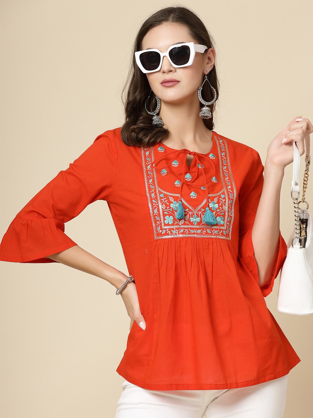 

Ramas Tie-Up Neck Bell Sleeves Embroidered A-Line Cotton Top, Rust