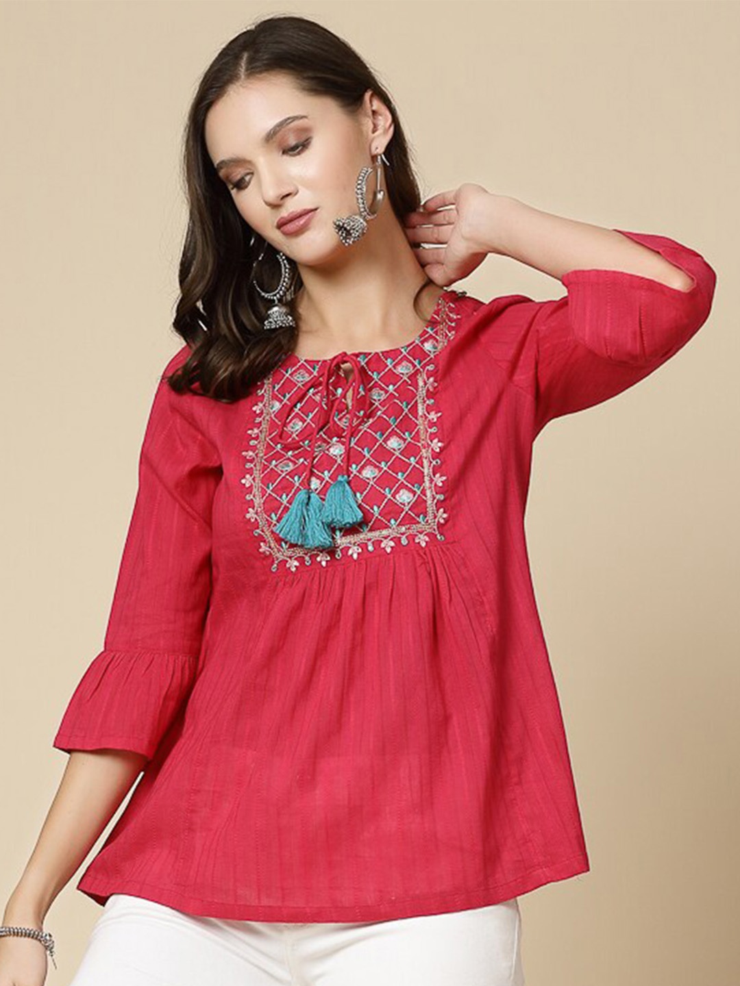 

Ramas Tie-Up Neck Bell Sleeves Embroidered A-Line Cotton Top, Pink