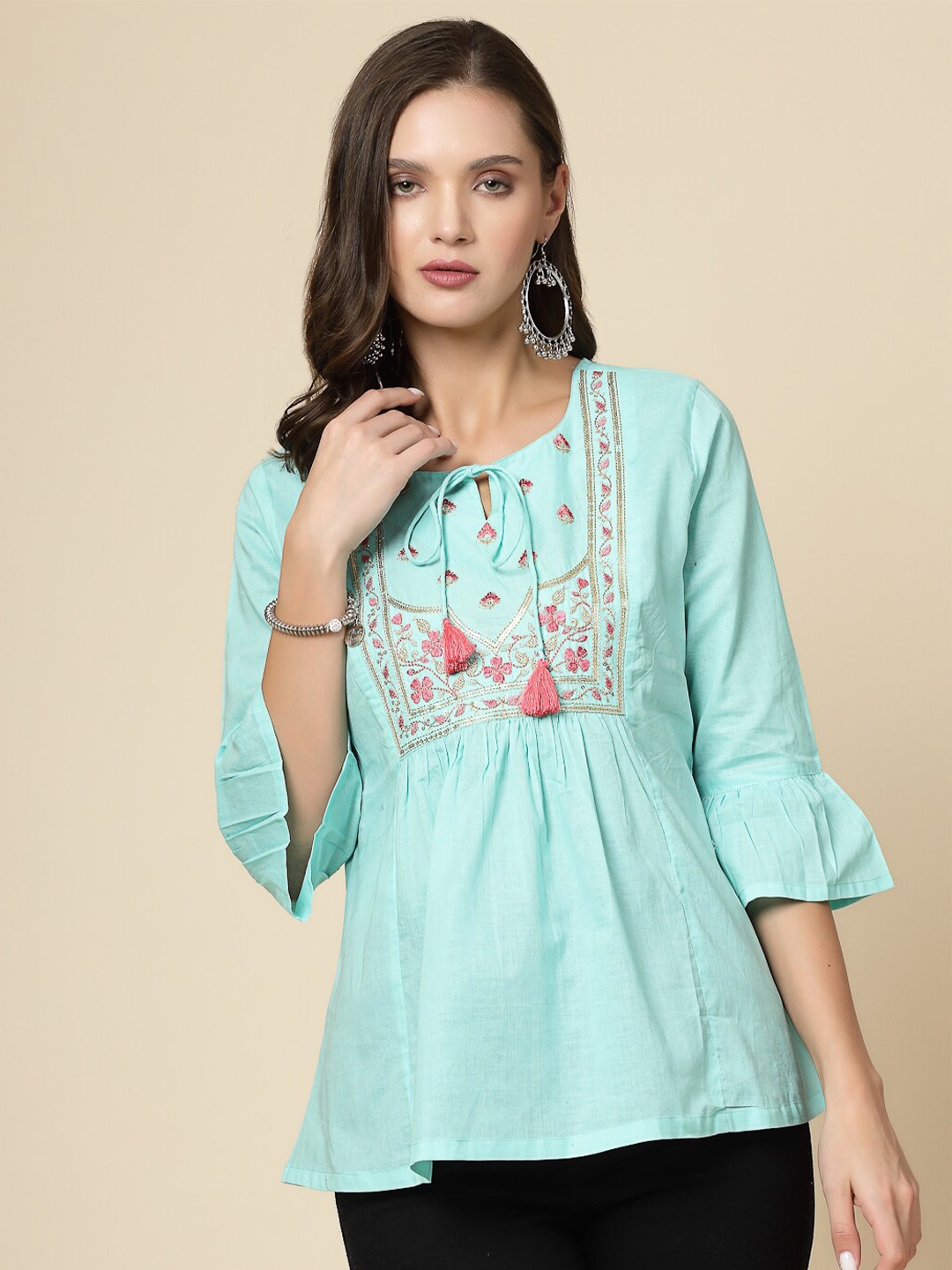 

Ramas Tie-Up Neck Bell Sleeves Embroidered A-Line Cotton Top, Turquoise blue