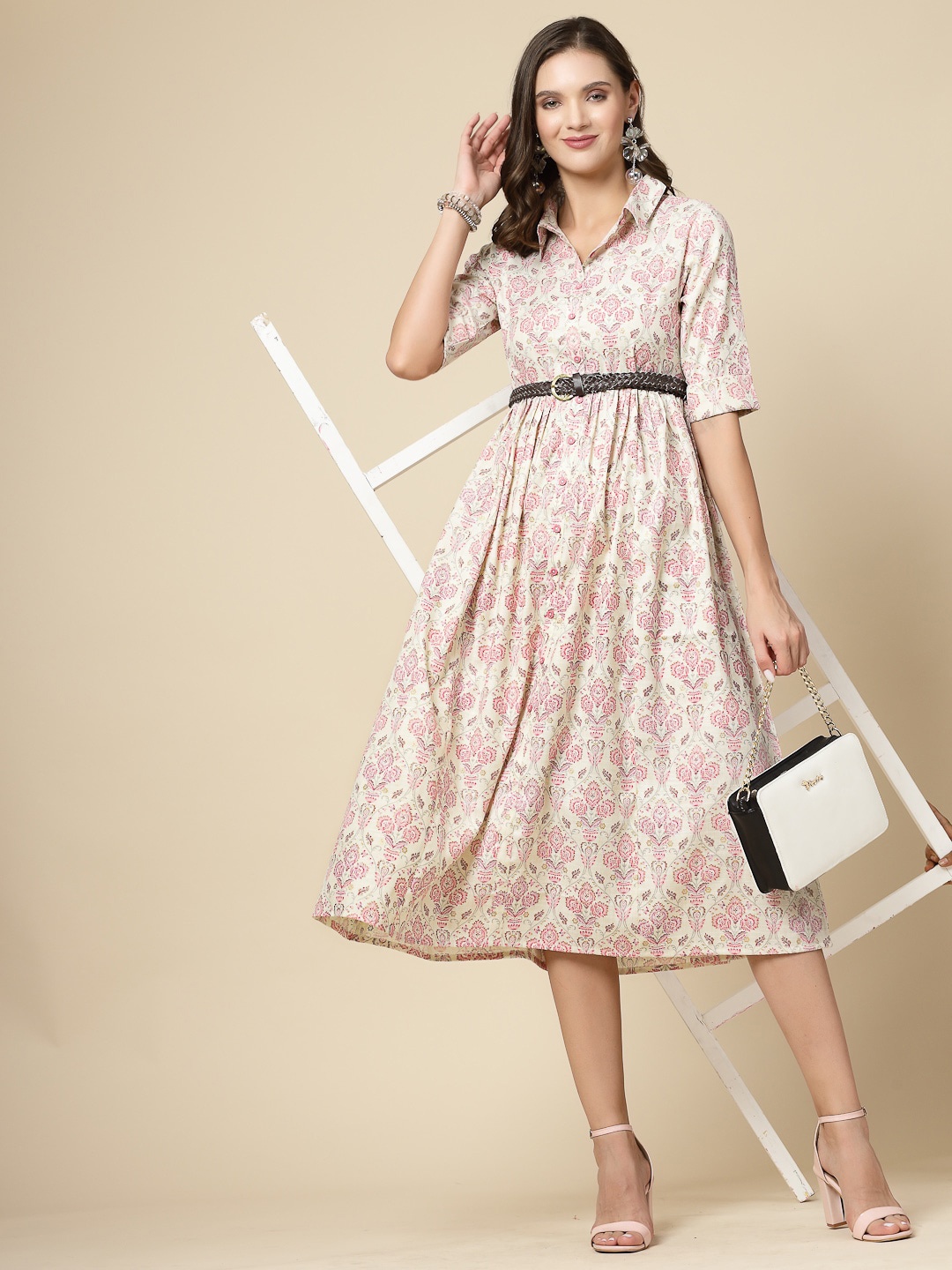 

Ramas Floral Printed Cotton Shirt Style Midi Dress, Pink