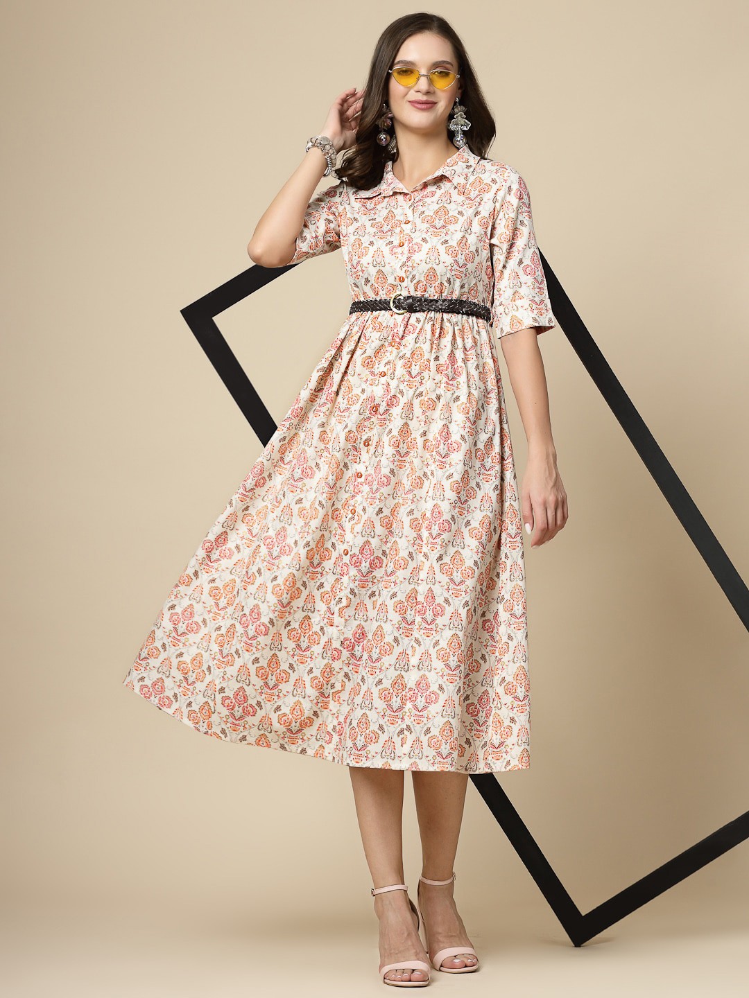 

Ramas Floral Printed Cotton Shirt Style Midi Dress, Orange