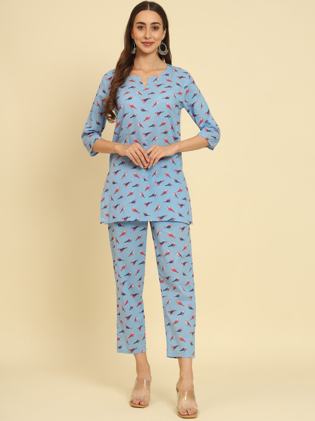 

Sutidora Quirky Printed Regular Pure Cotton Kurti with Trousers, Turquoise blue