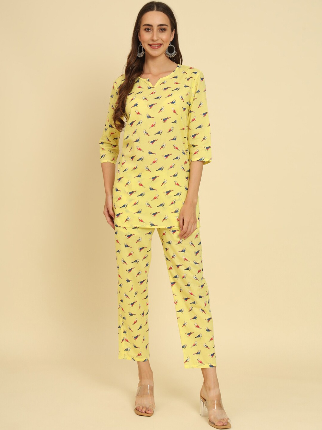 

Sutidora Quirky Printed Regular Pure Cotton Kurti with Trousers, Yellow