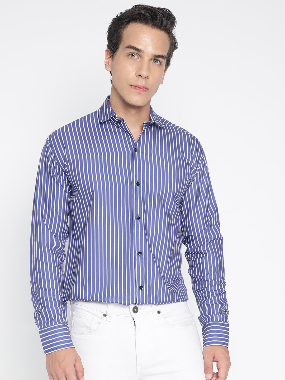 

COLORWINGS Comfort Slim Fit Striped Formal Shirt, Blue