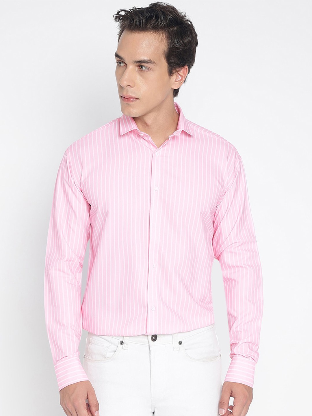 

COLORWINGS Comfort Slim Fit Vertical Stripes Spread Collar Casual Shirt, Pink