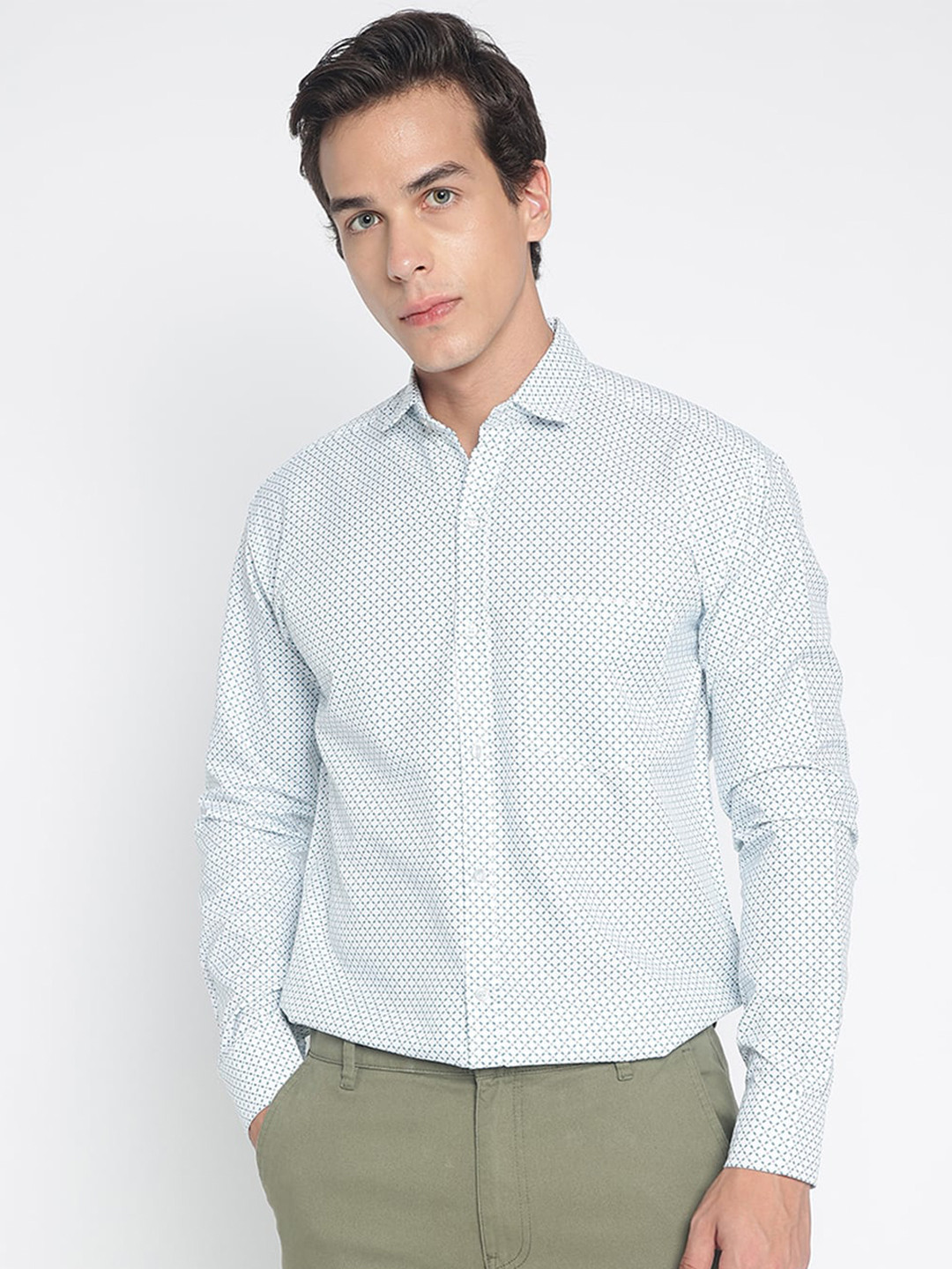 

COLORWINGS Comfort Slim Fit Geometric Printed Spread Collar Casual Shirt, White