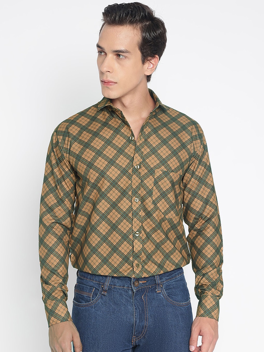 

COLORWINGS Comfort Slim Fit Windowpane Checked Casual Shirt, Beige