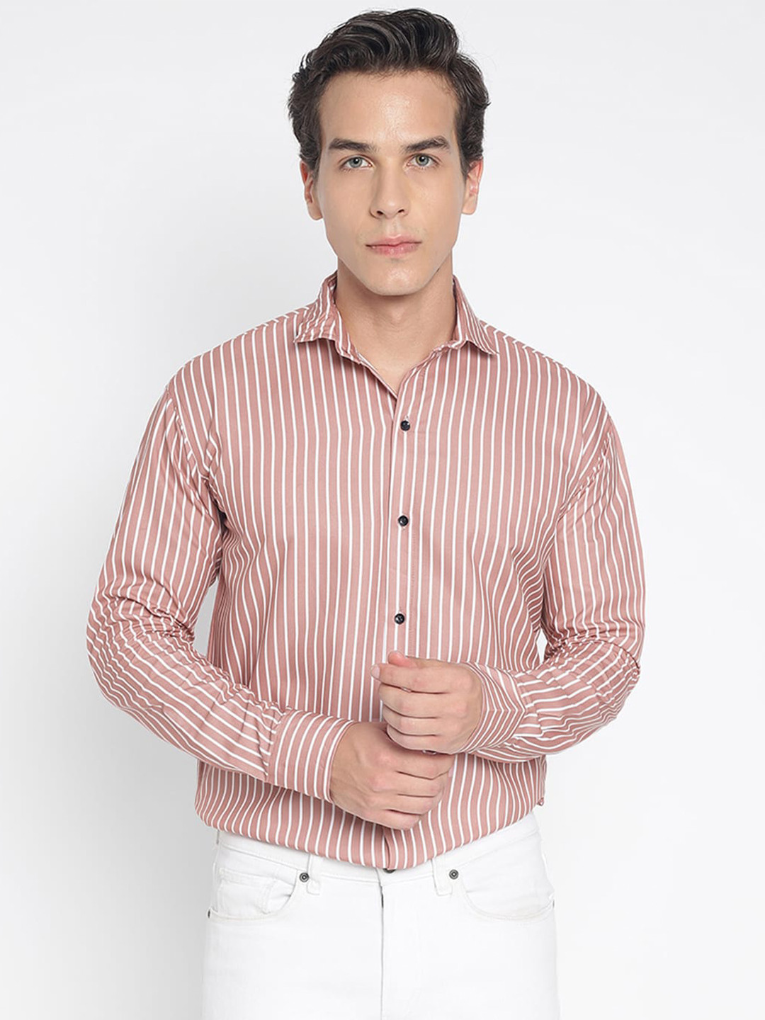 

COLORWINGS Comfort Slim Fit Vertical Stripes Spread Collar Casual Shirt, Peach