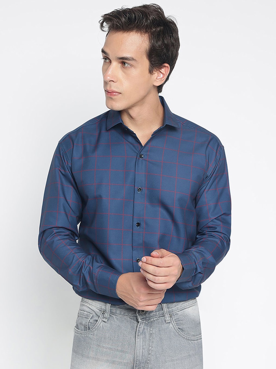 

COLORWINGS Comfort Slim Fit Checked Spread Collar Casual Shirt, Blue