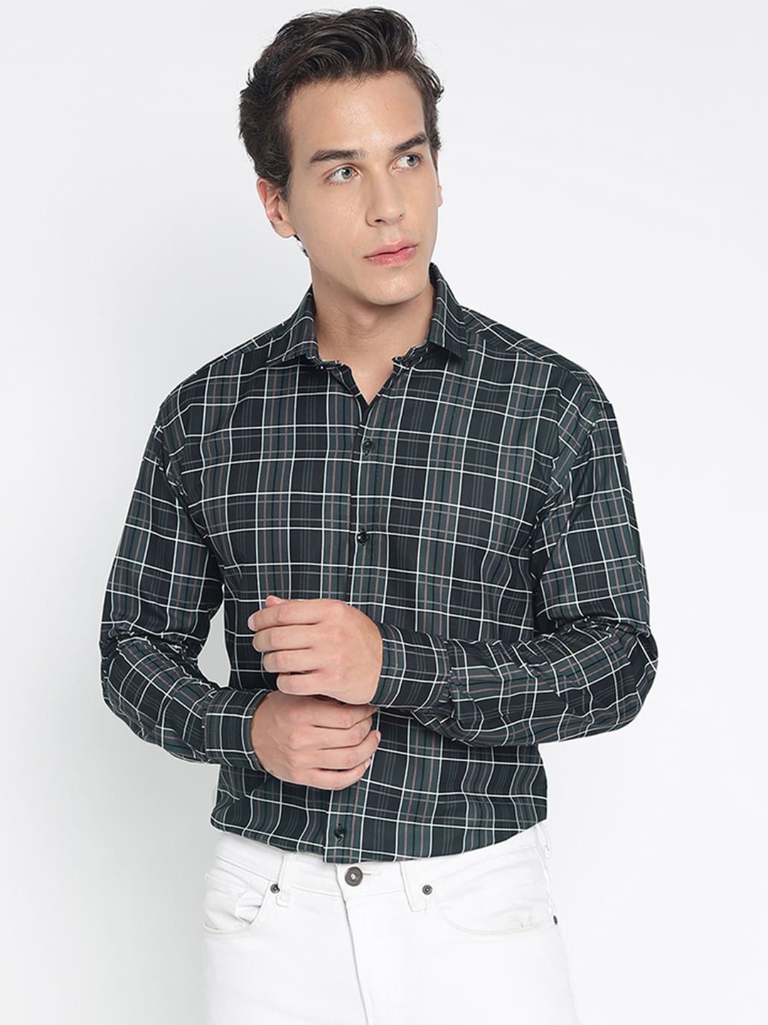 

COLORWINGS Comfort Slim Fit Tartan Checked Casual Shirt, Black