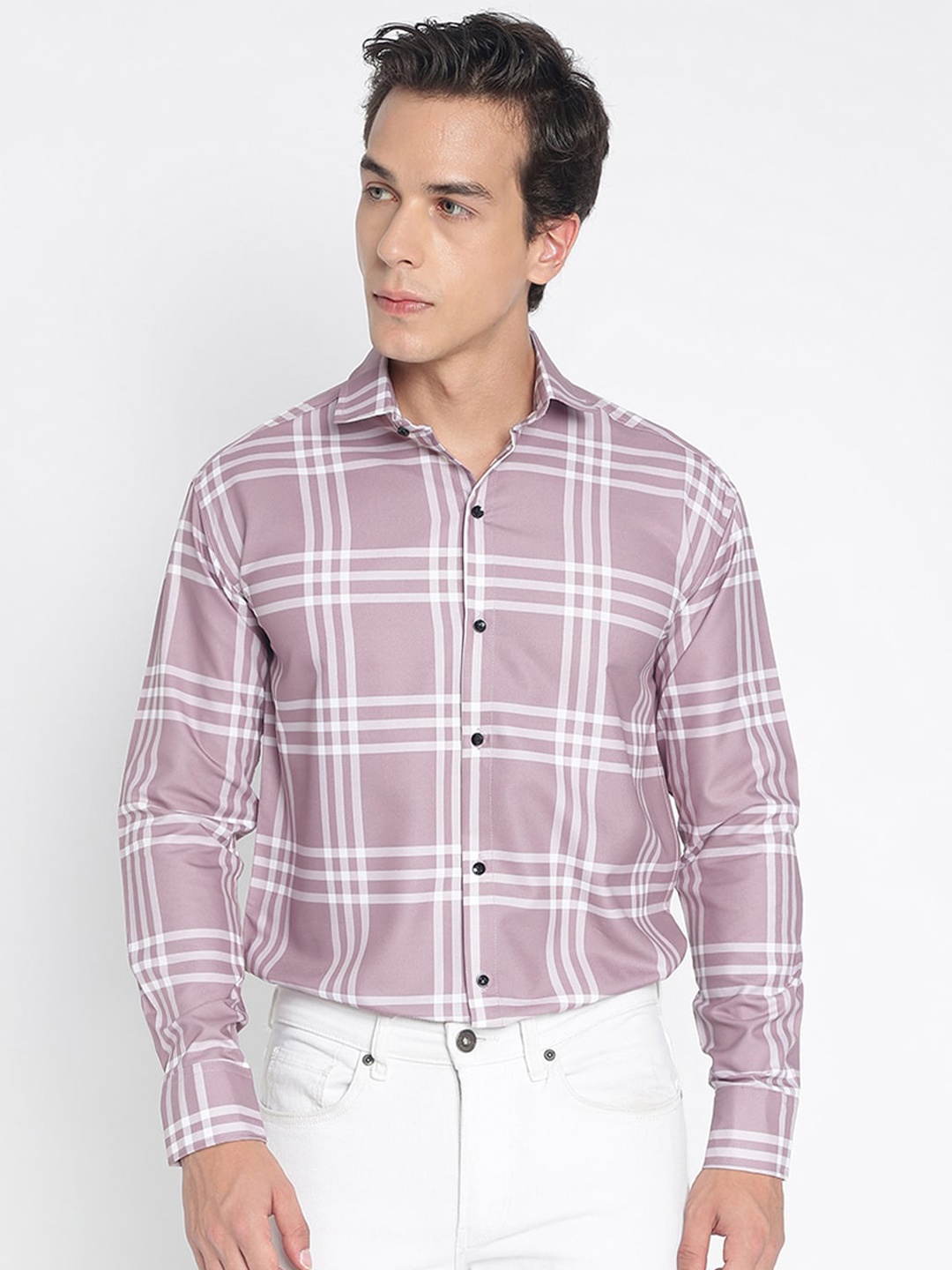 

COLORWINGS Comfort Slim Fit Checked Spread Collar Casual Shirt, Pink