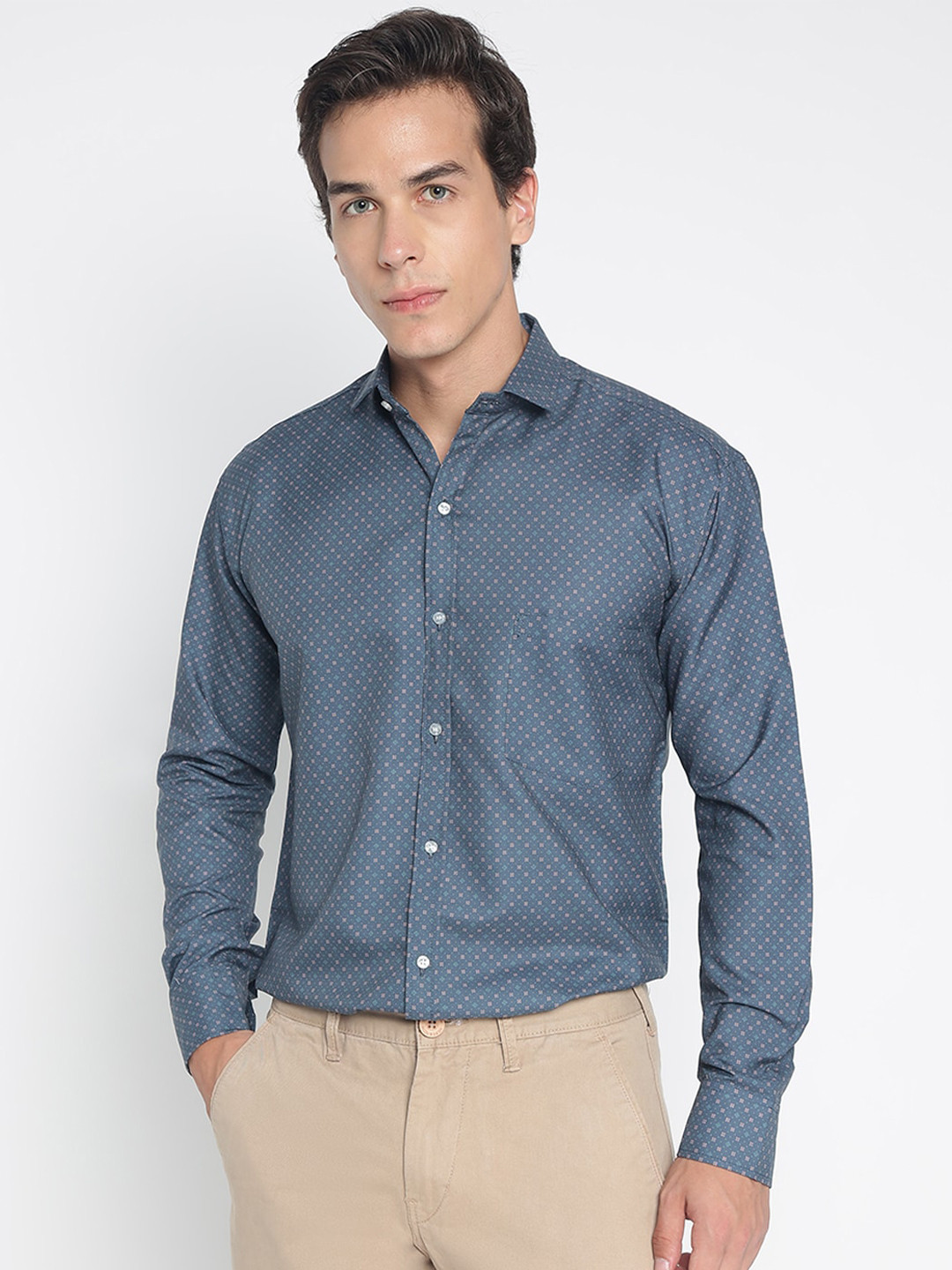 

COLORWINGS Comfort Slim Fit Geometric Printed Spread Collar Casual Shirt, Teal